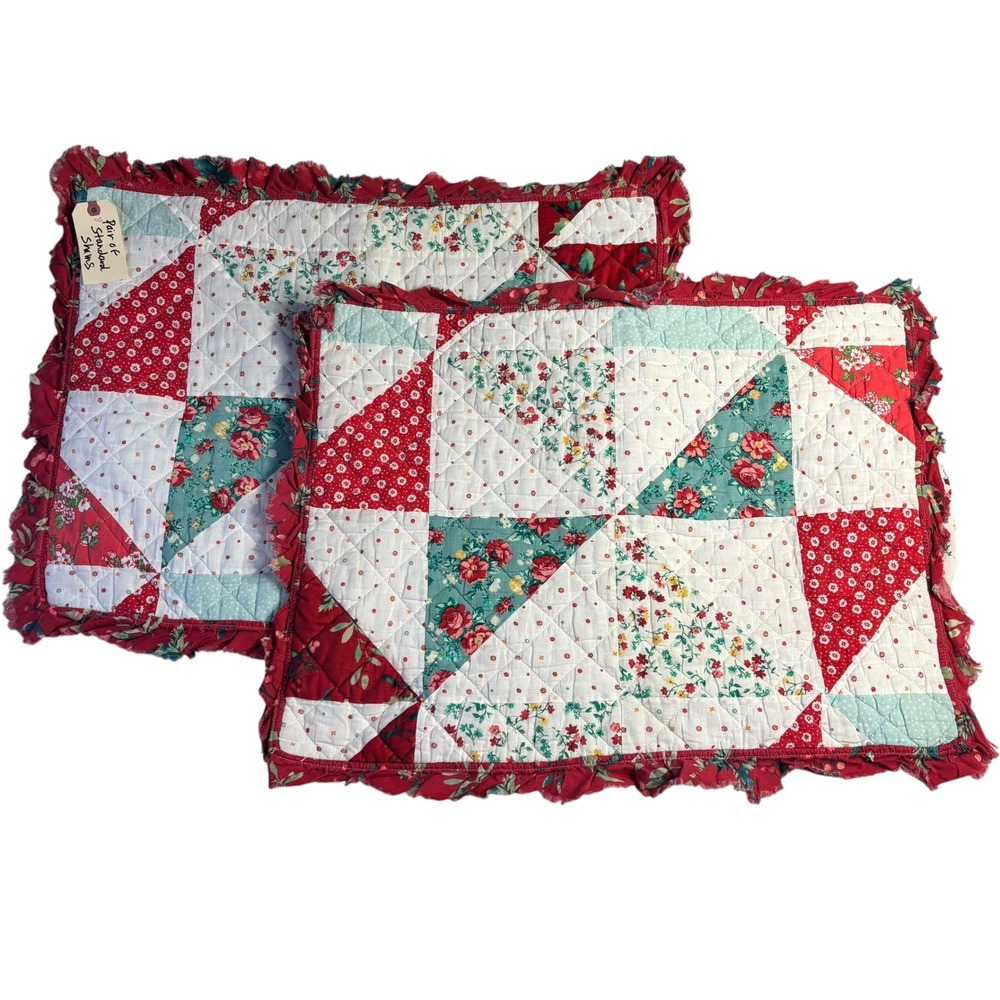 Vintage Style Patchwork Quilted Standard Pillow Shams Red Teal Floral Set of 2